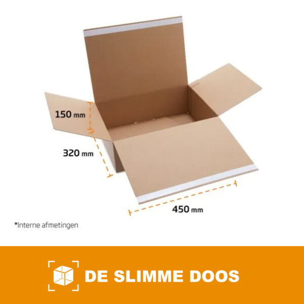 Doos met automatische bodem en zelfklevende “retour” 450 x 320 x 100 mm